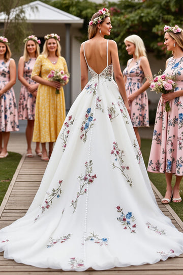 White Floral Long Wedding Dress with Appliques